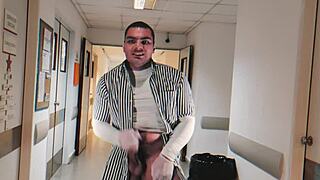 Sexy muscular patient strokes his 18cm monster cock in hospital till he explodes!