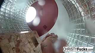 hot brunette pornstars christy and dahlia lesbian tits pussy play in steamy shower bts bathing fun