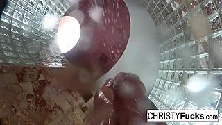 hot brunette pornstars christy and dahlia lesbian tits pussy play in steamy shower bts bathing fun