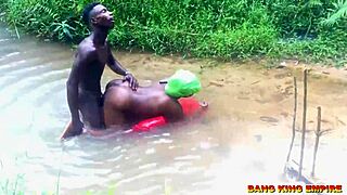 asian milf bends for bbc creampie doggy in wild outdoor stream