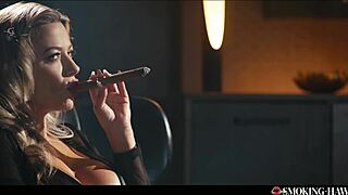 that horny milf strokes her huge tits while blowing and puffing her cigar deep