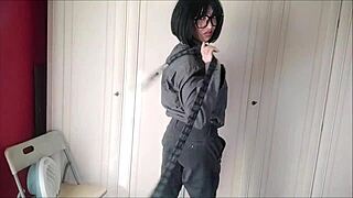 Chantalchannel struts in man-dress STRIPS to reveal WET PUSSY and TITS for homemade tease