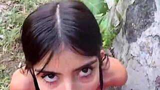 karol smith heads to the woods for outdoor blowjob and they cum all over her petite body