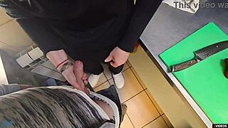 rough pov fucking milf cook at work ends with creampie in her panties
