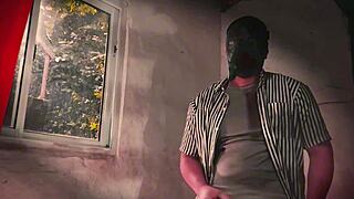 Muscular hunk strokes huge cock sexy striped outfit red curtains solo explosion