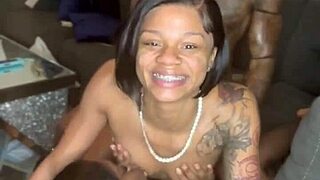 threeway ebony creampie with juicy big pussy lips dripping wet