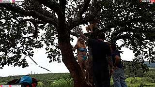 Fuck yeah, ramming cock into blonde and brunette on street tree!