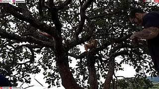 Fuck yeah, ramming cock into blonde and brunette on street tree!