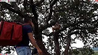 Fuck yeah, ramming cock into blonde and brunette on street tree!