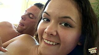 beautiful brunette babe bends over big round ass ready for deep anal fucking cowgirl style