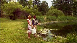 horny milf grabs fisherman's huge throbbing cock for outdoor blowjob and pussy ride