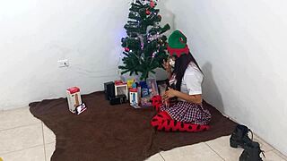 Mature Latina Student Slut Masturbates Clit with Dildo on Christmas Uniform