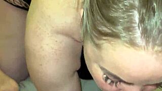 blonde mommy in lingerie deepthroats stepson's huge cock