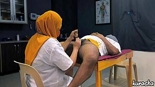 Hijab doctor strokes patient's cock