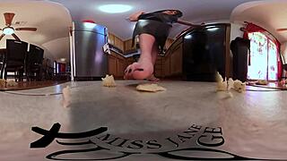 Tiny guy devoured by giantess Jane Judge's bare feet in kitchen VR!