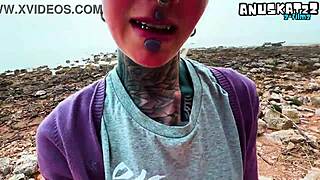 Punk goth gives sloppy public bj swallows huge facial cumshot