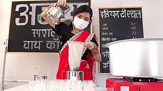 beautiful indian tea girl chats cutely