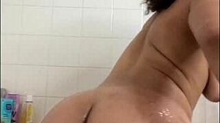 in the shower i ride my dildo squirting wet pussy for him