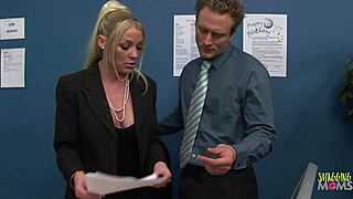 Inside the office the blonde milf introduces herself by spreading her shaved pussy and getting into reverse cowgirl