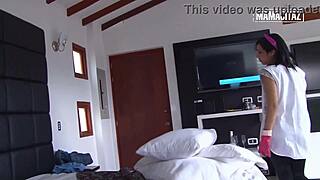 Hot sexy Colombian hotel maid in rubber gloves bends over scrubbing the shower floor!