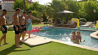 wild orgy in hotel pool with two tourist blonde sluts