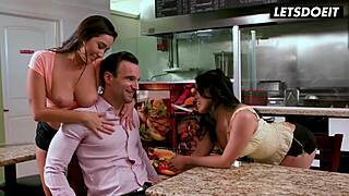 two busty latinas flash their big tits at a random guy in a diner