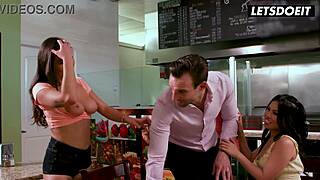 two busty latinas flash their big tits at a random guy in a diner