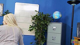 Blonde milf at office with piercing shaved tits