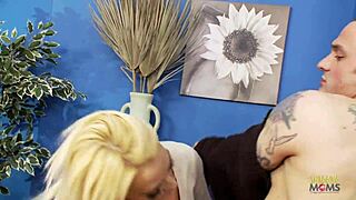 Blonde milf at office with piercing shaved tits