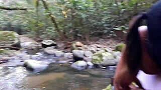 Wow, this teen gives an amazing blowjob by the hidden waterfall and takes a creampie! Check it out.