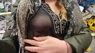 Naughty Wife Hazel Exposes Natural Tits Shopping Outdoors in Public Shop