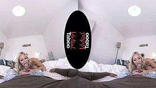 in this virtual taboo scene, a blonde milf handles two cocks with her mouth and hands
