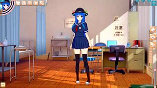 Rubbing Hinanaite Tenshi's big tits