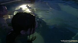 Lovely brunette milf hottie sucks thick dick, bends over for doggystyle by pool, rides cowgirl, gets facial