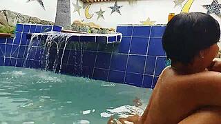 Hey, Imagine Us In The Pool Together, Mature Brunette And Young Guy From Different Countries Having Fun