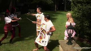 three naughty babes getting fucked together in the outdoor