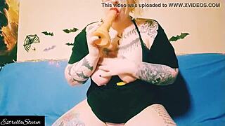 Sexy Curvy Blonde Sucking Dildo Gets Horny