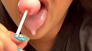 marcy diamond giving SLOPPY blowjob to lollipop with tons of spit