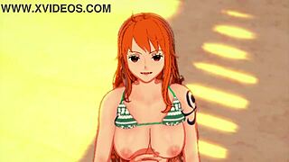 nami from one piece gives an amazing handjob on the beach with joi 😍