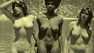 Vintage interracial lesbians sharing intimate moments.
