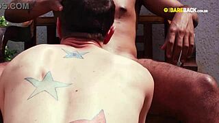 Fucking my gay partner bareback in the backyard feels amazing.