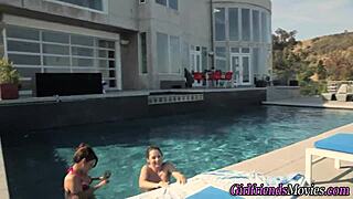 Bikini-clad lesbians lick in POV view