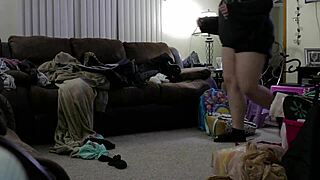 Watch the chubby girl clean the house in shorts.