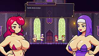 Scarlet maiden defeats all bosses in hentai game.