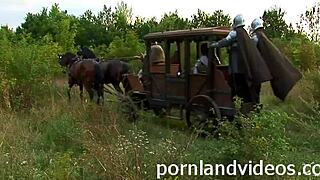 Sexy blonde bitch gets anal threesome with horny warriors.