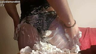 just chilling with goddess, sploshing strawberries and cream on sissy for red vid.