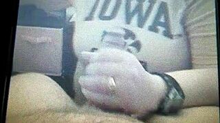 The bbw wife with big tits gives blowjob.