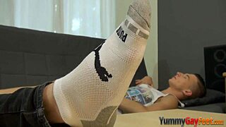 gay kinky hunk masturbates on feet
