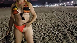 Blonde beach babe flashes tits and pussy in public voyeur scene