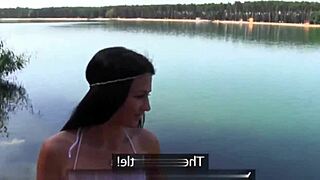 Euro babe licks trimmed pussy outdoors